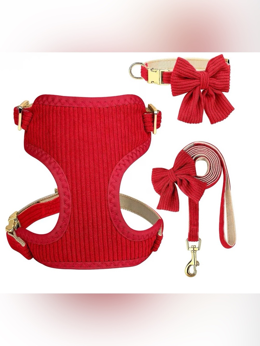 3-N-1 Red Knit Dog Harness, Colar, and Leash Set with Bow